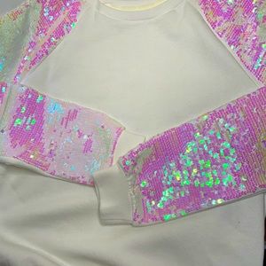 Girls White Iridescent Sequined Sleeve Sweatshirt